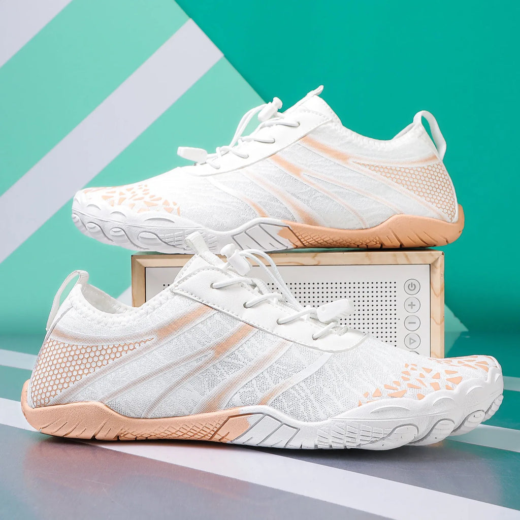 Casual unisex beach running shoes with a Lycra stretch fabric upper, shown in A826 Beige colour.