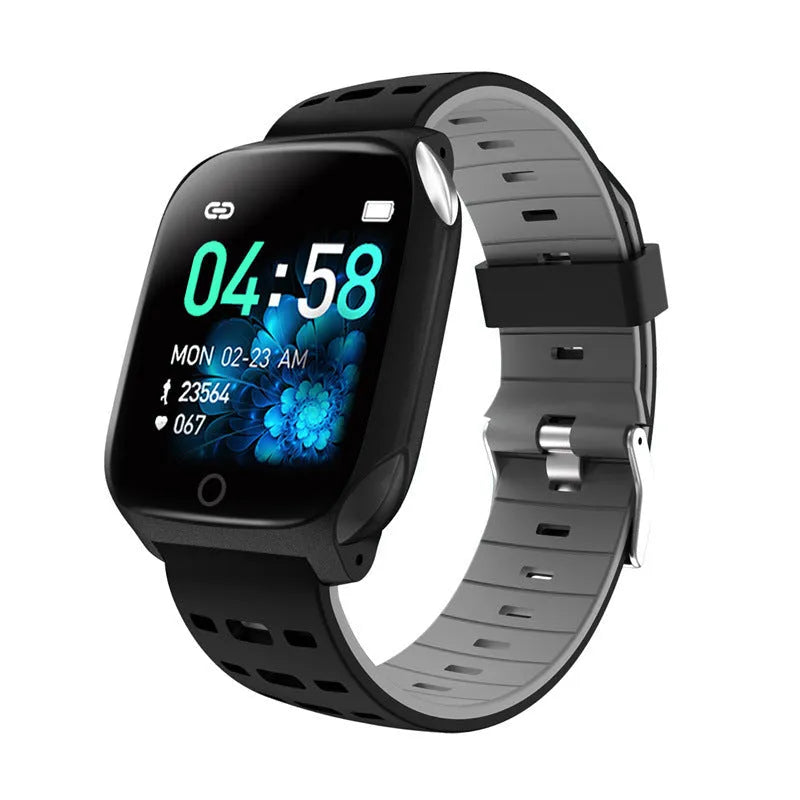 F16 smart watch with ECG and blood pressure monitoring on wrist, showing black watch body with coloured silicone strap