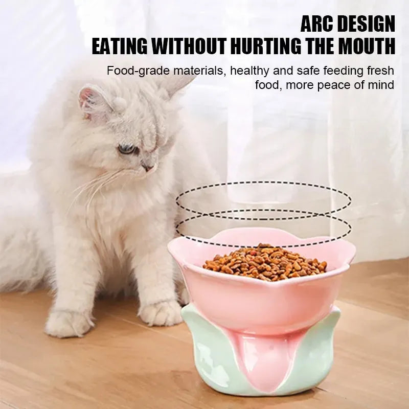 Blue floral patterned elevated ceramic bowl for cat or small dog feeding