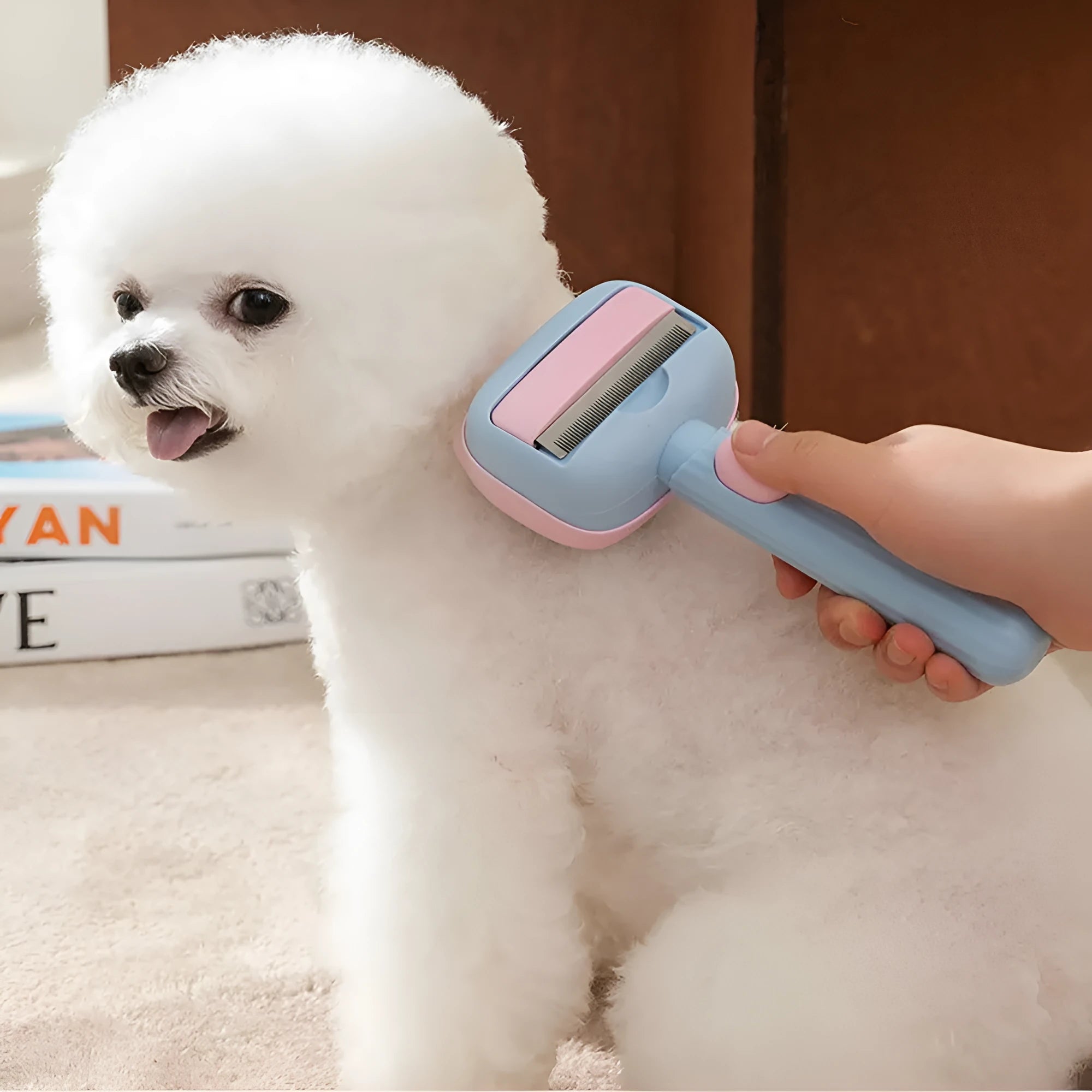 Blue double-sided pet grooming brush with deshedding rake and dematting comb on a wooden surface.