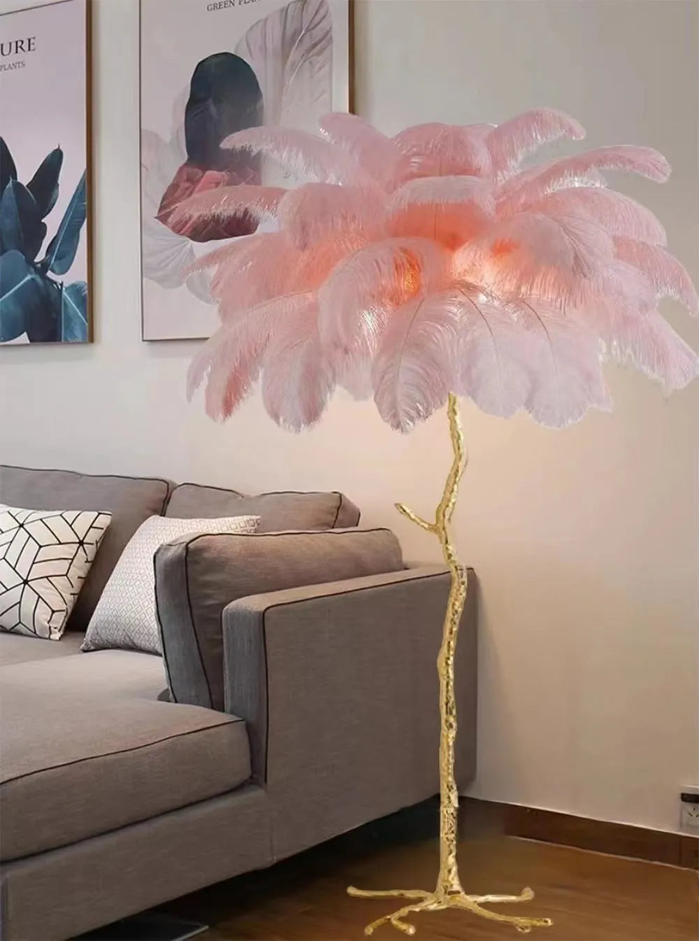 Tall resin feather floor lamp with a choice of white, pink or dark green feathers on a substantial base.