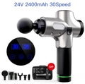 Fascia massage gun with 30-speed settings, 24V brushless motor, and six massage heads in black colour