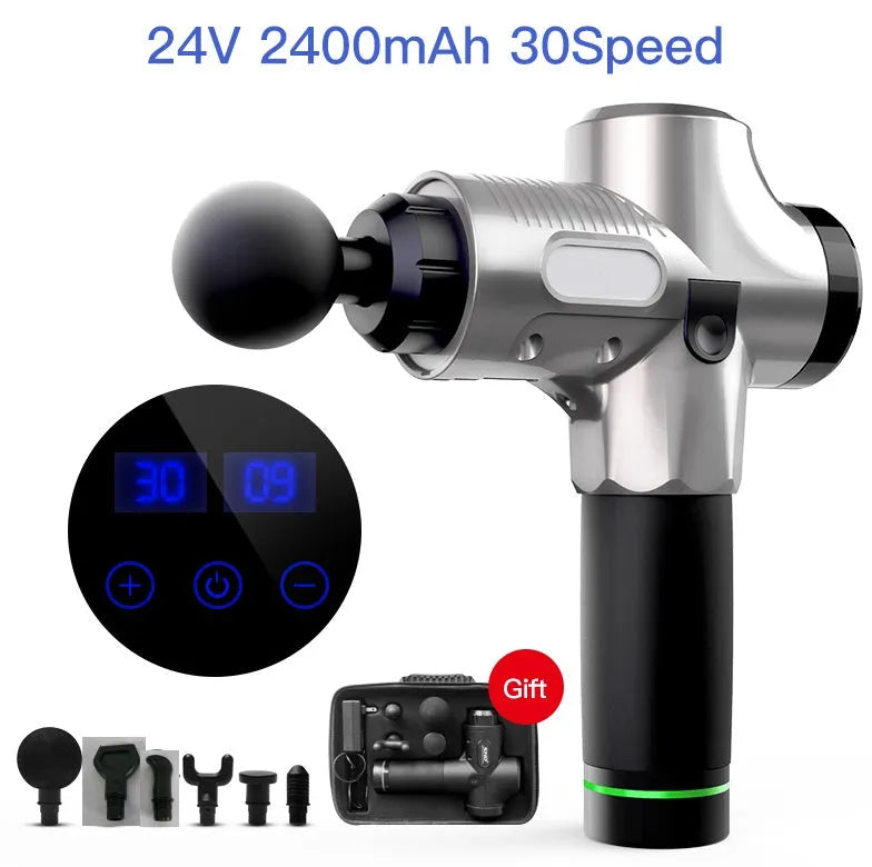 Fascia massage gun with 30-speed settings, 24V brushless motor, and six massage heads in black colour