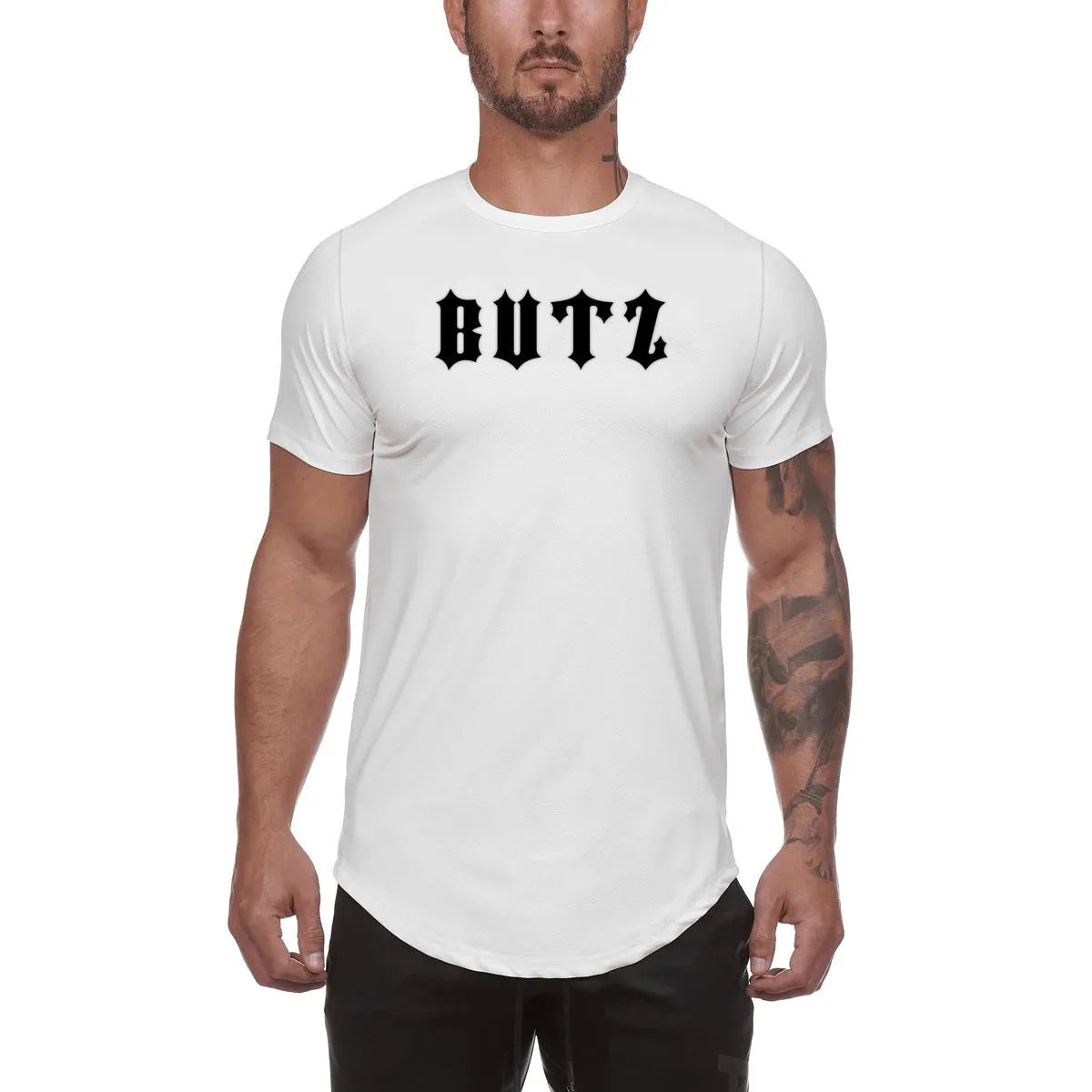 Men's custom plain gym shirt in cotton spandex blend with optional letter print, shown in multiple colour options.