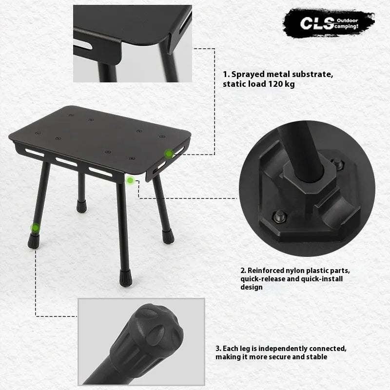 CLS aluminium dual-use folding camping stool shown extended as a table and folded with its carry bag.