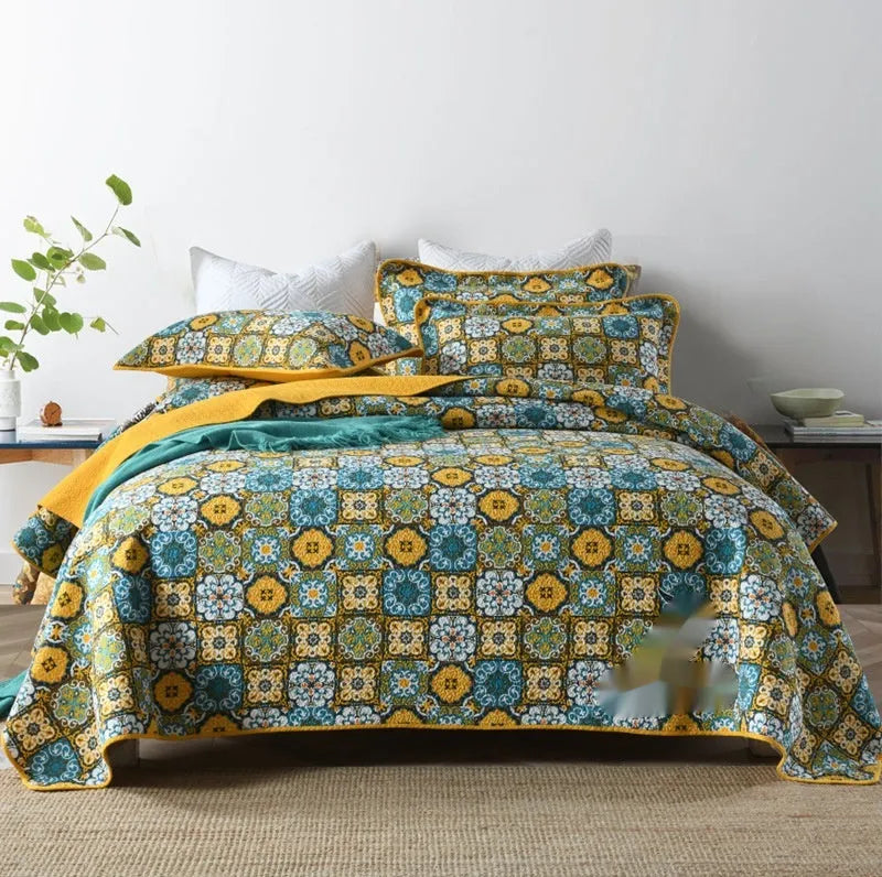 Pure cotton bedspread three-piece set with geometric printed pattern for 1.8 metre beds