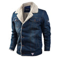 Men's casual denim jacket with lapel collar, single-breasted placket, long sleeves, loose fit, in dark blue and light blue