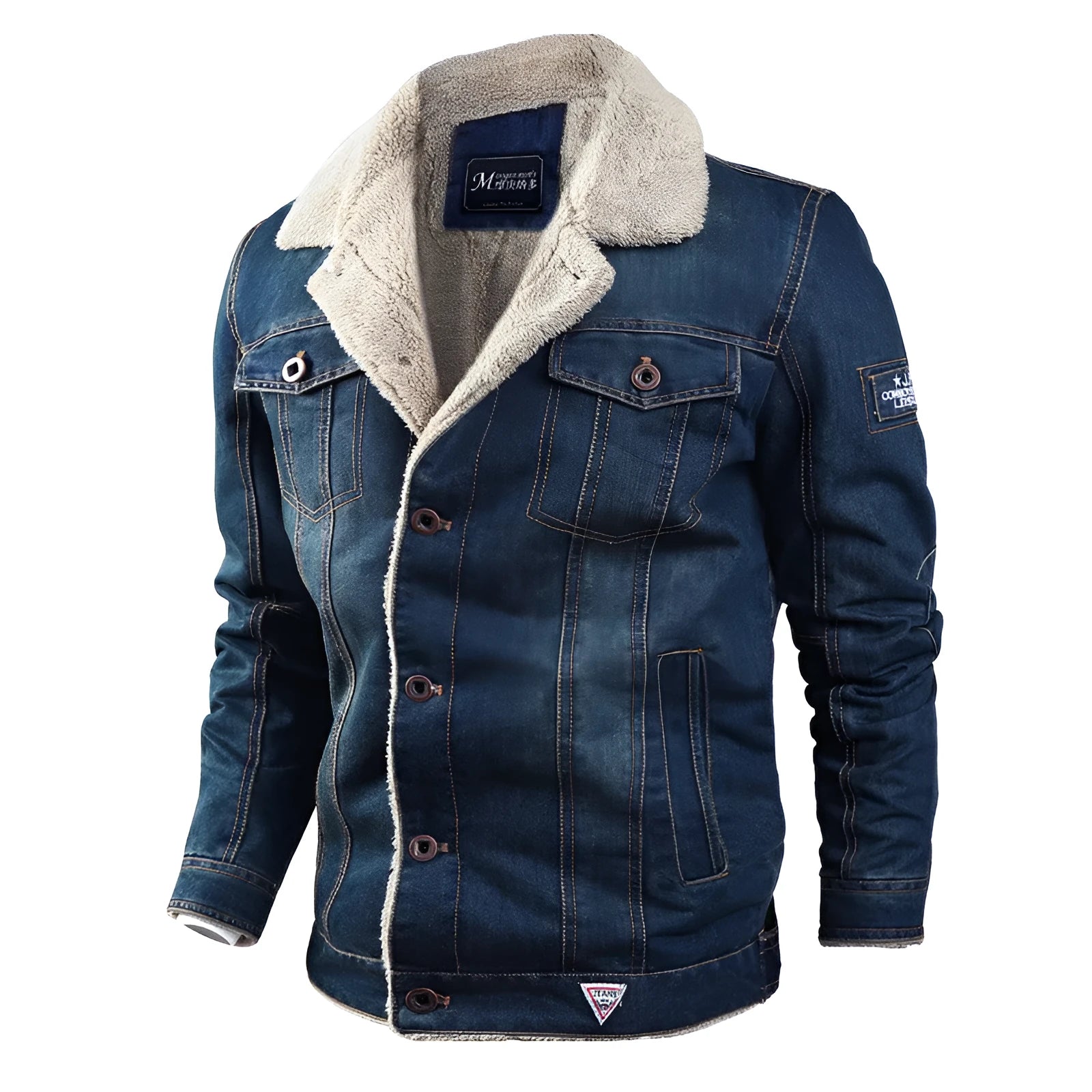 Men's casual denim jacket with lapel collar, single-breasted placket, long sleeves, loose fit, in dark blue and light blue