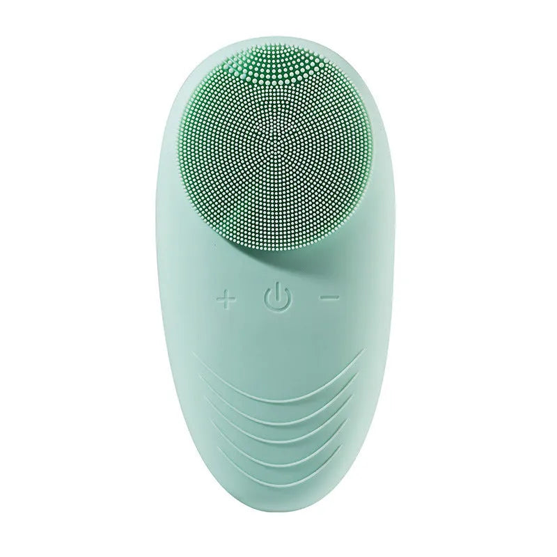 Mini electric facial cleansing brush with silicone head in pink, USB cable, compact 12x6x2.5cm
