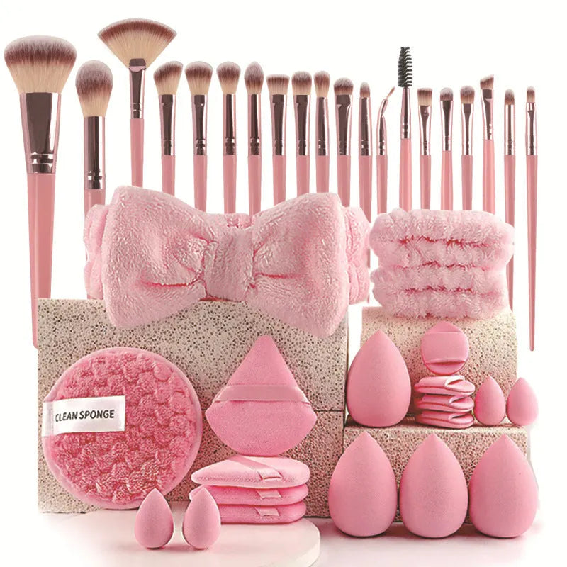 Hydrophilic non-latex beauty tools set with brushes in brown, pink, and purple colours for face washing and makeup