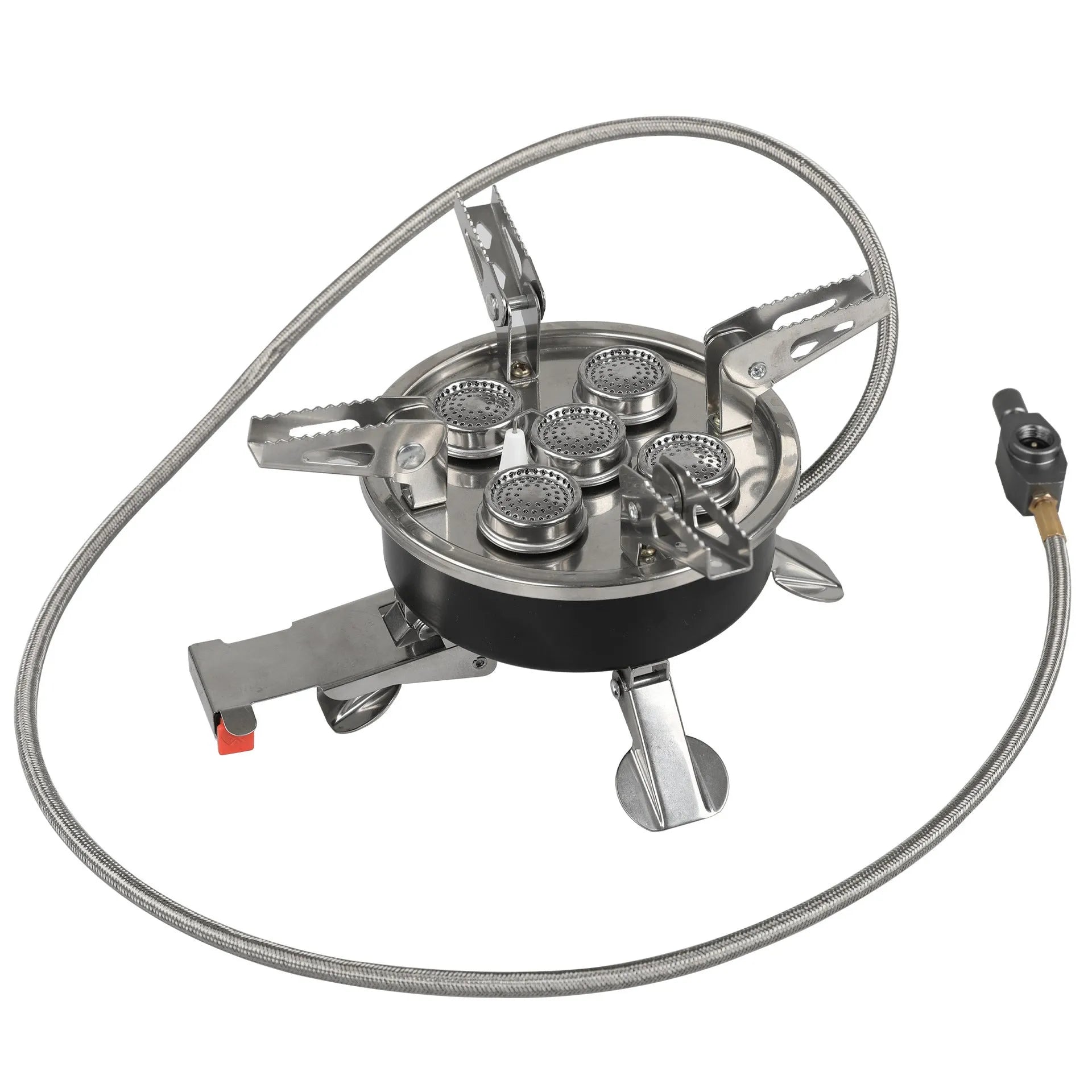 Silver stainless steel split camping stove with foldable design and 100cm gas hose