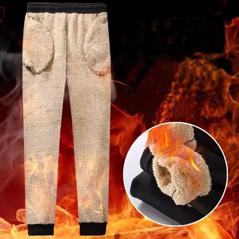 Black fleece lined straight tube trousers with drawstring elastic waist, zippered fly, and belt, sizes M to 5XL