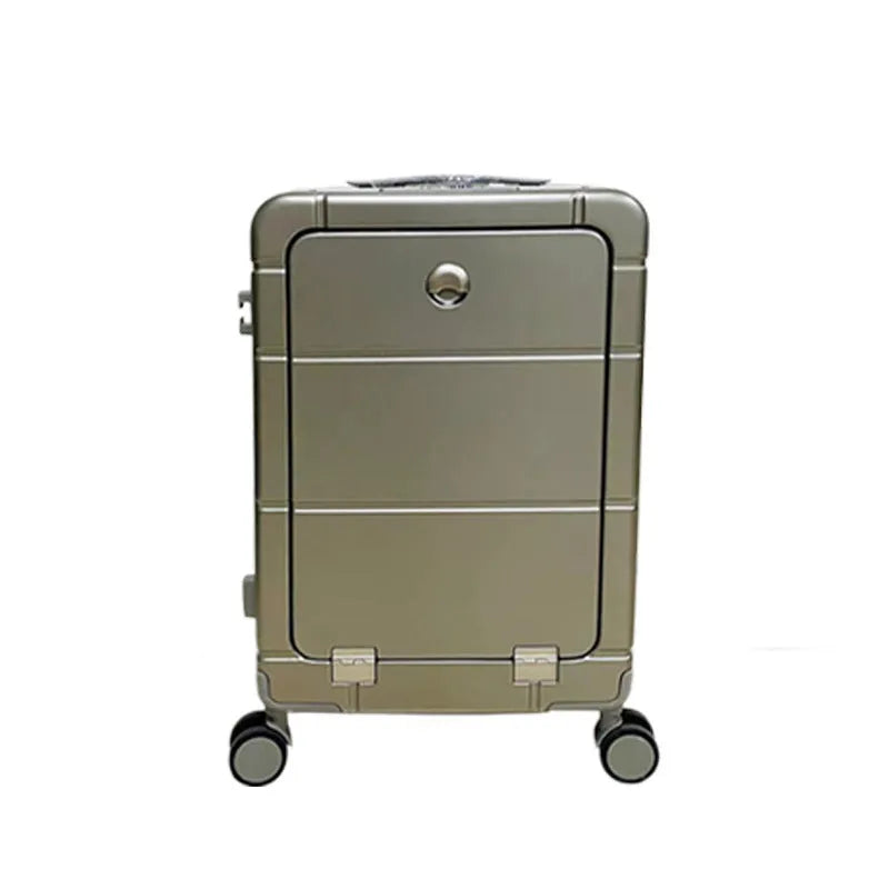 20-inch front opening suitcase in titanium silver colour with wet-dry separation compartments and universal wheels.