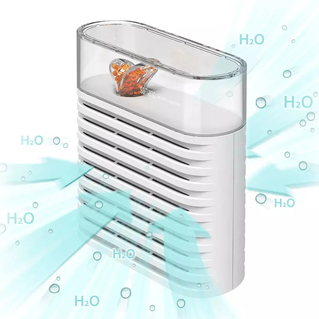 White reusable electric dehumidifier box with transparent top showing colour-changing silica gel crystals.