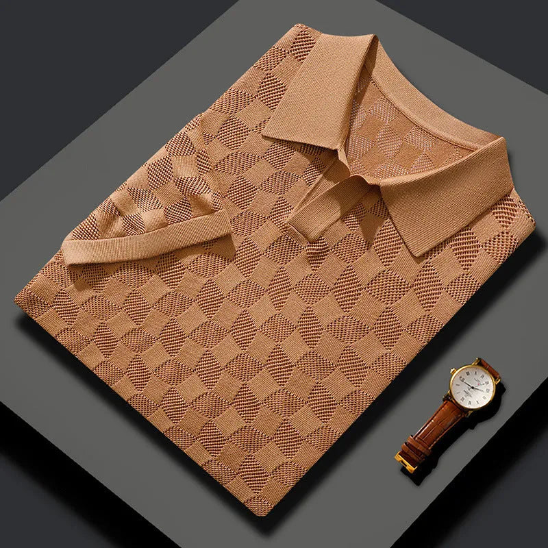 Men's short sleeve lapels sweater in mulberry silk with Jacquard knit and business casual styling