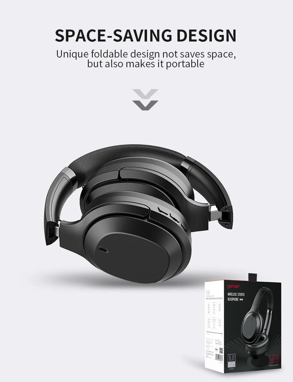 Black over-ear Bluetooth headphones with memory-protein ear cushions and stainless steel headband adjustment