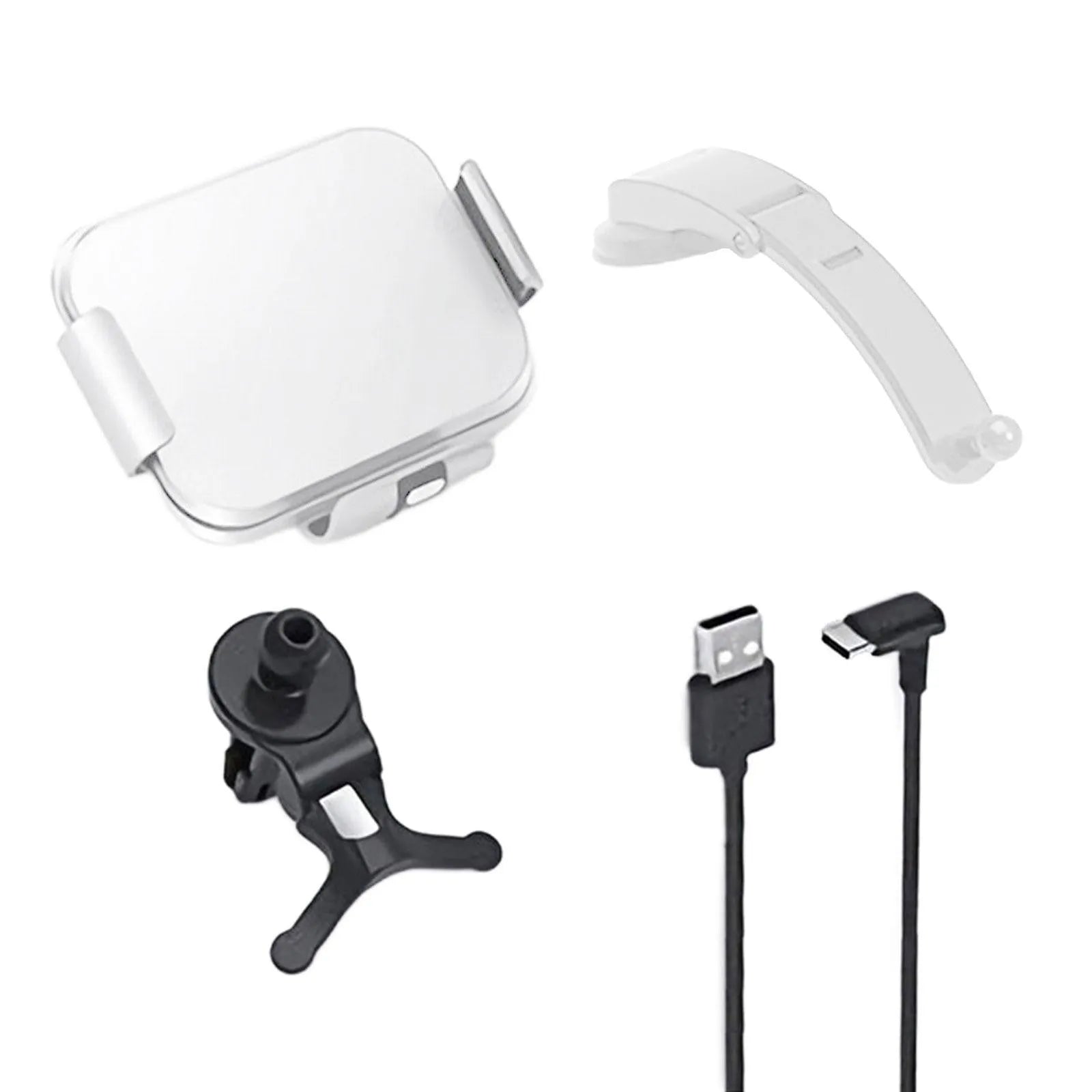 Grey and white wireless charging car phone holder with folding screen and both vent clip and suction cup mounting accessories