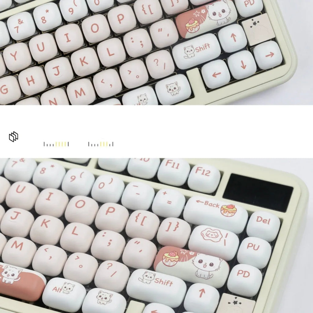 Dessert cat themed MOG round keycap set for mechanical keyboards showing cartoon character artwork.