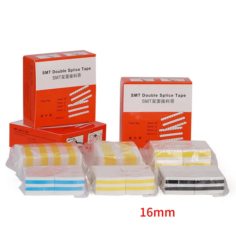 Rolls of yellow, black, blue, and gum coloured SMT double-sided splicing tape in various widths.