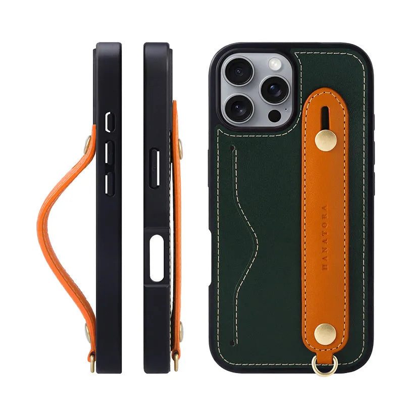 First layer cowhide phone case for iPhone 15 Pro Max with lanyard holder, blue and black colour