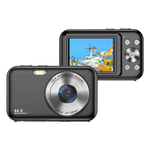 DC406L children's digital mini camera in pink showing 2.4-inch screen and lens.