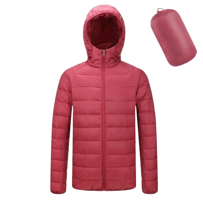 Men's lightweight hooded coat in solid colour, nylon fabric, zipper front, long sleeves, available in multiple colours and sizes