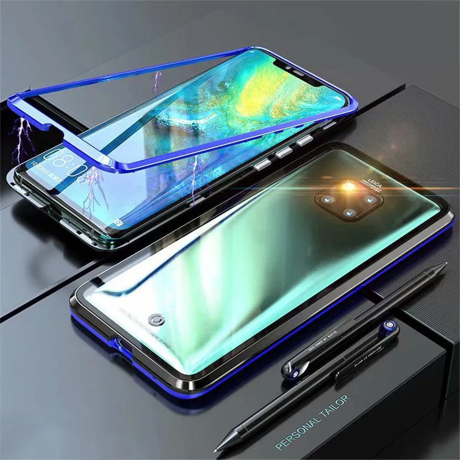 Magnetic Huawei phone case with metal frame and clear tempered glass back