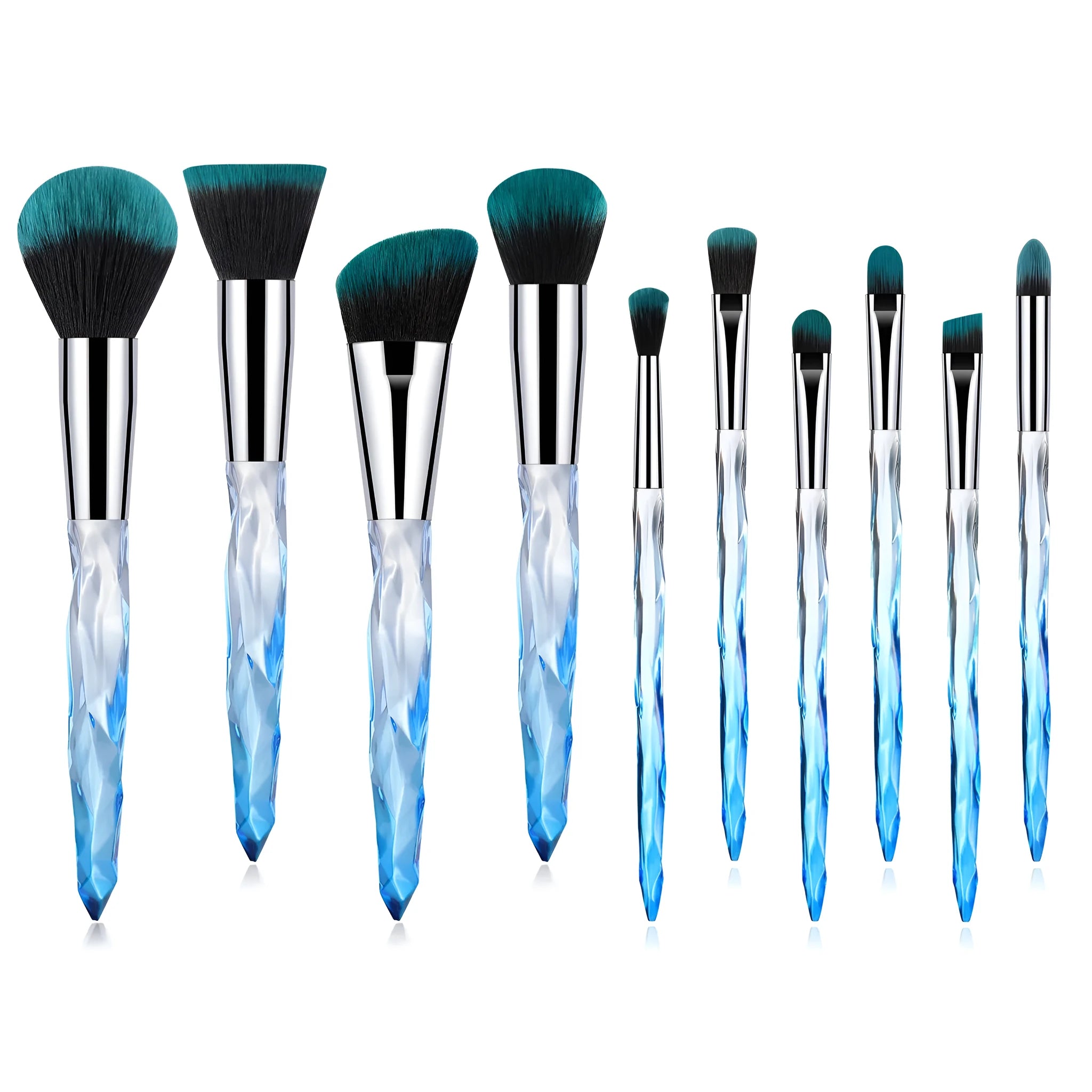 Set of 10 clear crystal diamond foundation brushes with synthetic bristles in a choice of handle colours.