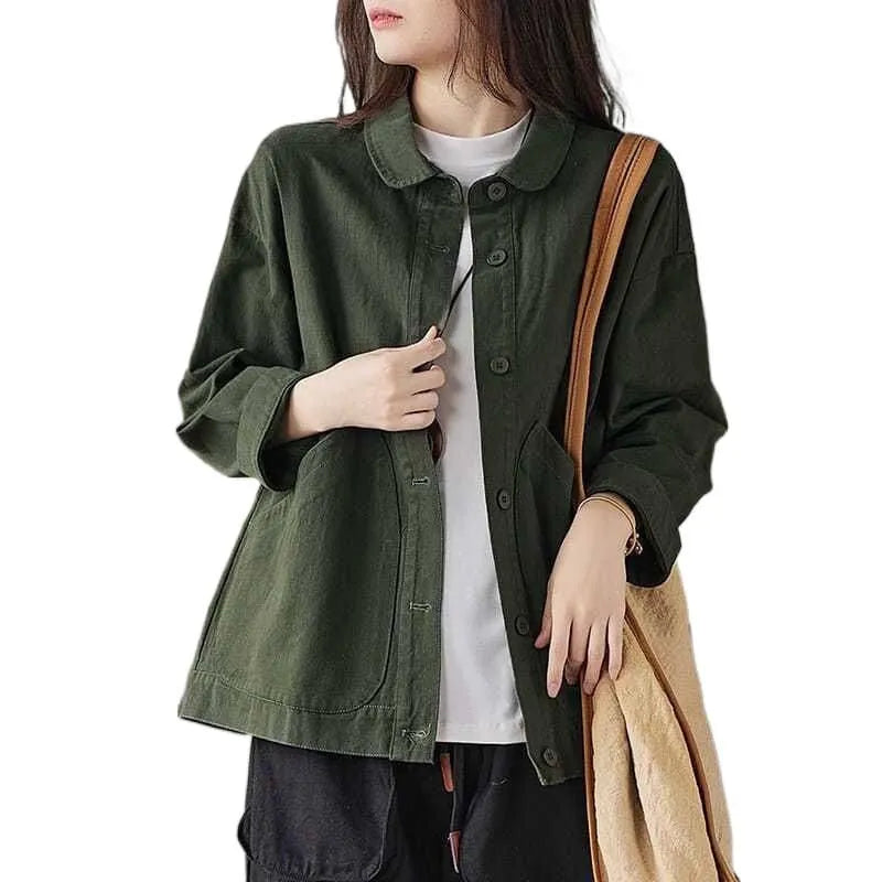 Retro cotton twill loose top with large pocket in khaki, women's casual commute style