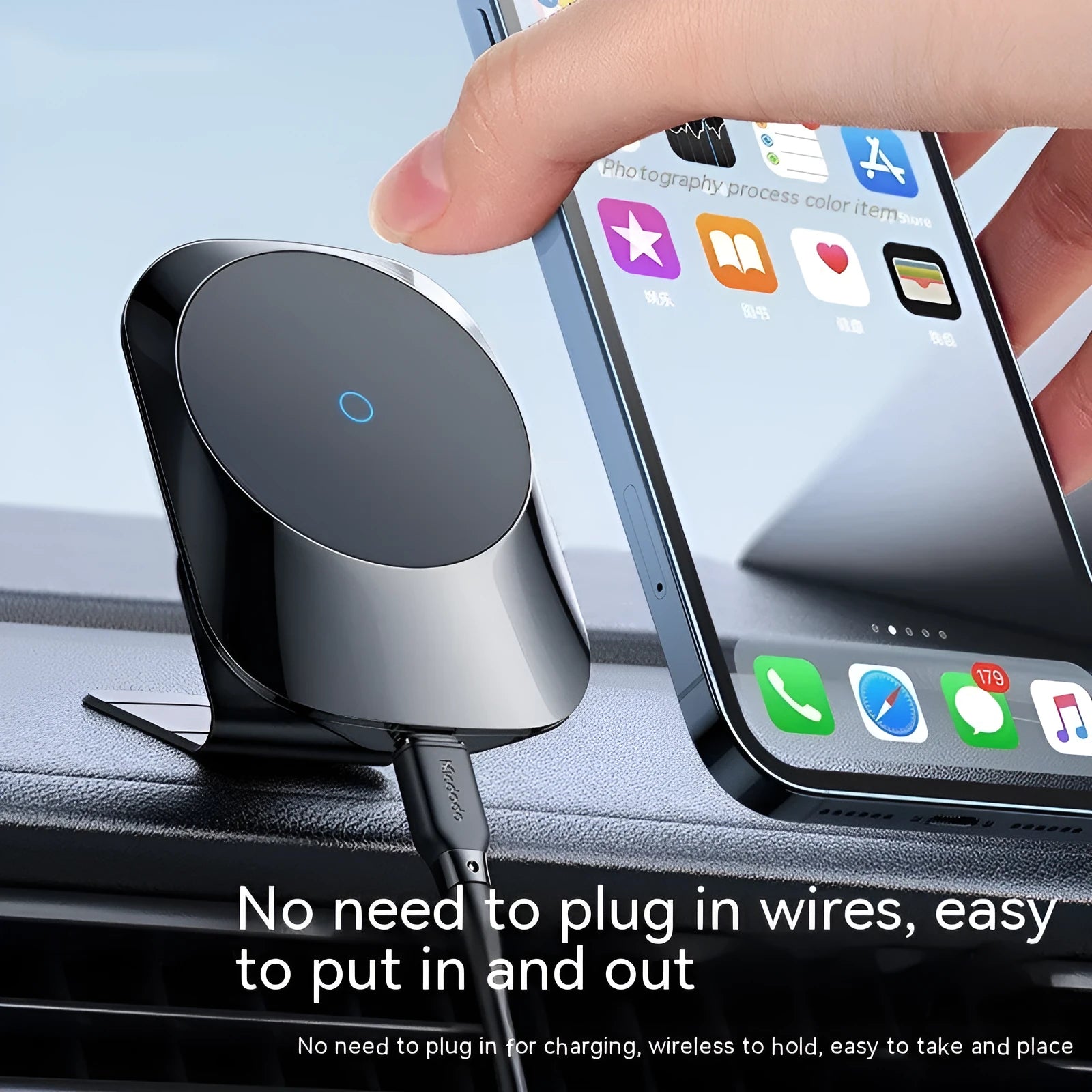Magnetic car wireless charging stand with phone attached, showing both air vent and centre console mounting options