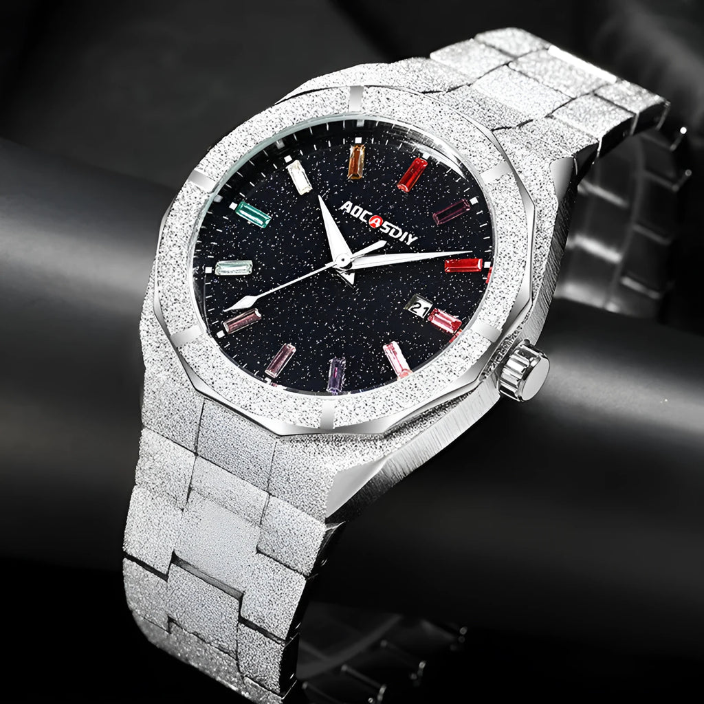 Full diamond-set luxury oak men's watch in gold finish with quartz movement and 11mm case thickness