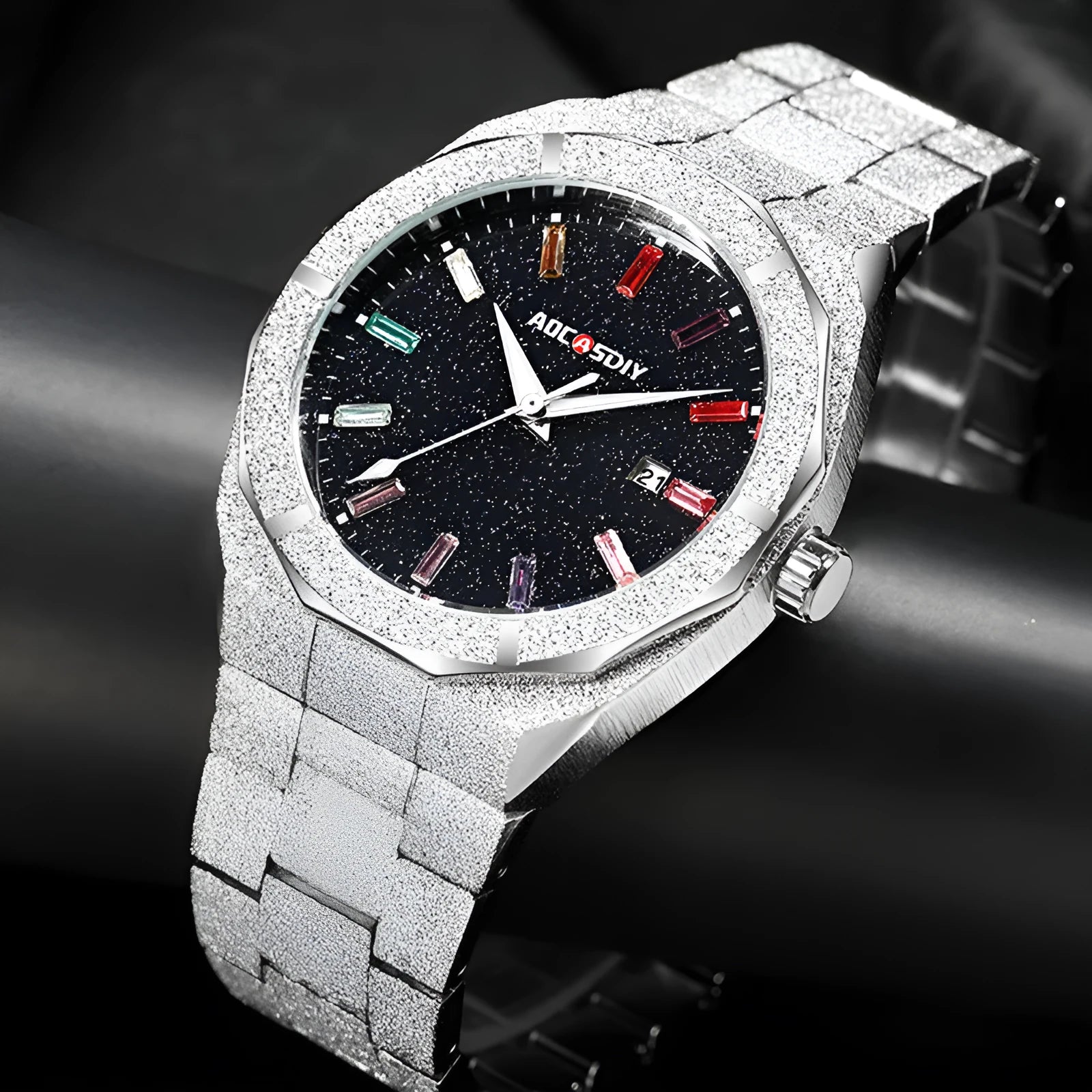 Full diamond-set luxury oak men's watch in gold finish with quartz movement and 11mm case thickness