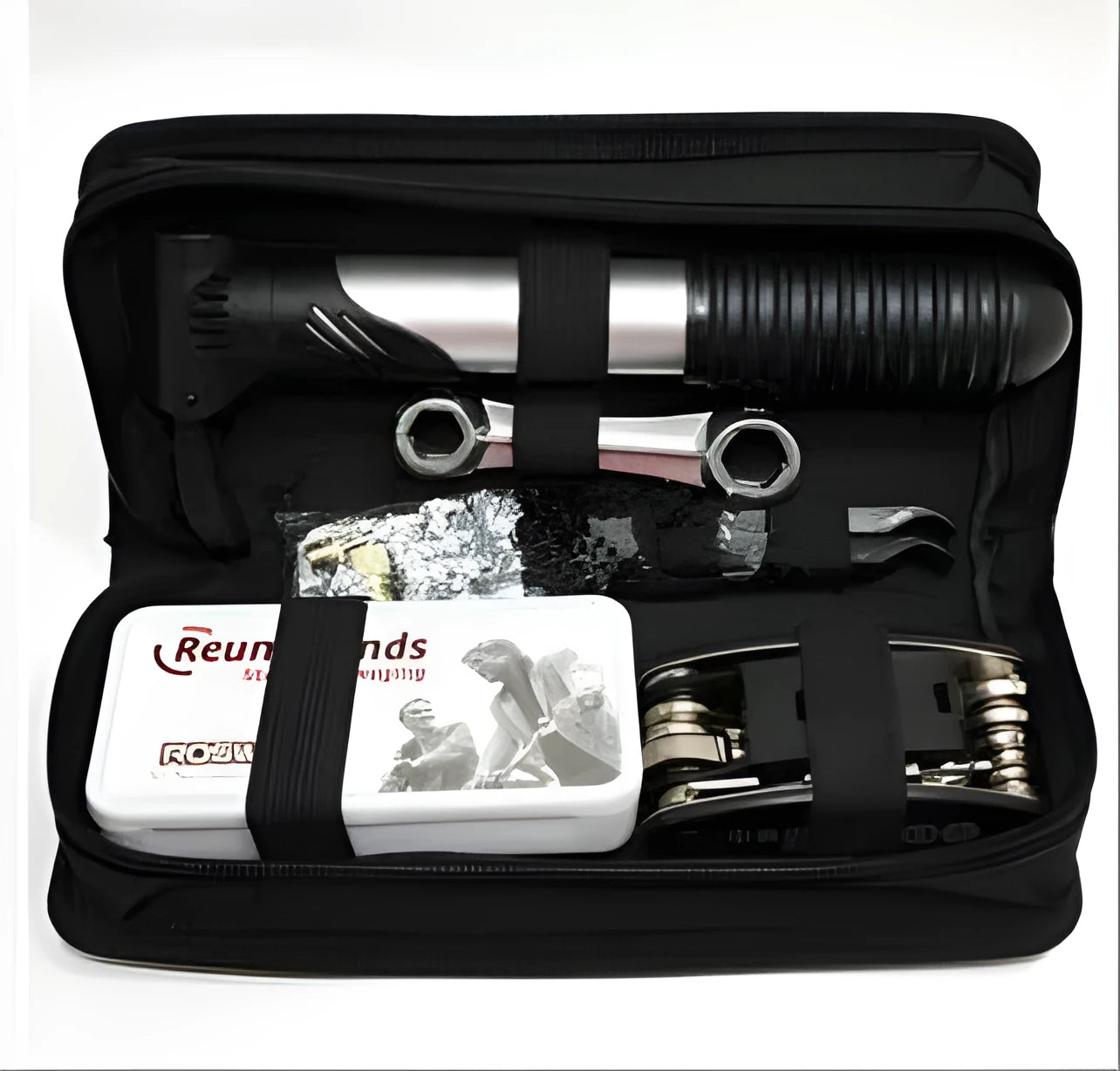 SNJUE AE107 black bicycle repair tool kit with chrome plated socket wrenches, screwdrivers, and tyre repair supplies arranged in case