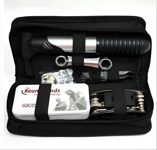 SNJUE AE107 black bicycle repair tool kit with chrome plated socket wrenches, screwdrivers, and tyre repair supplies arranged in case