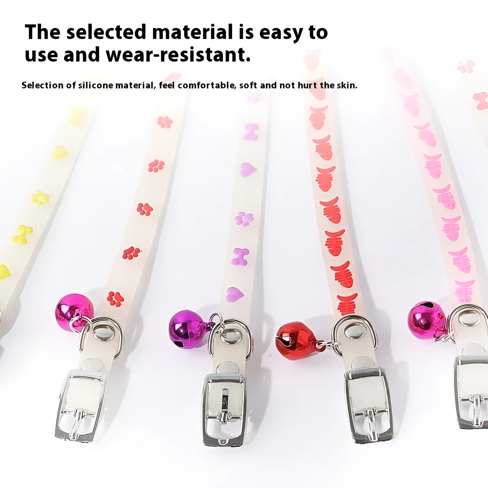 Adjustable luminous cat collar with silicone strap and metal bell in decorative pattern