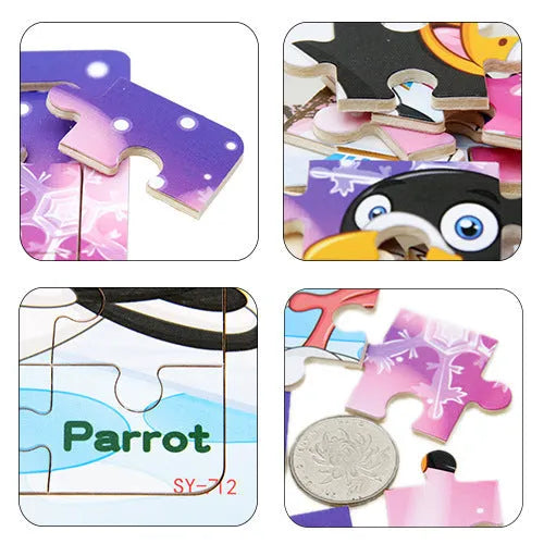 Children's poultry animal wooden puzzle with twelve splint animal pieces including cat, duck, and rooster designs