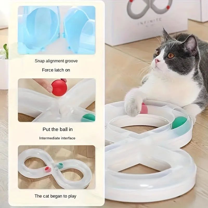 Blue and white cat turntable track ball activity centre with rotating spinner and puzzle feeder
