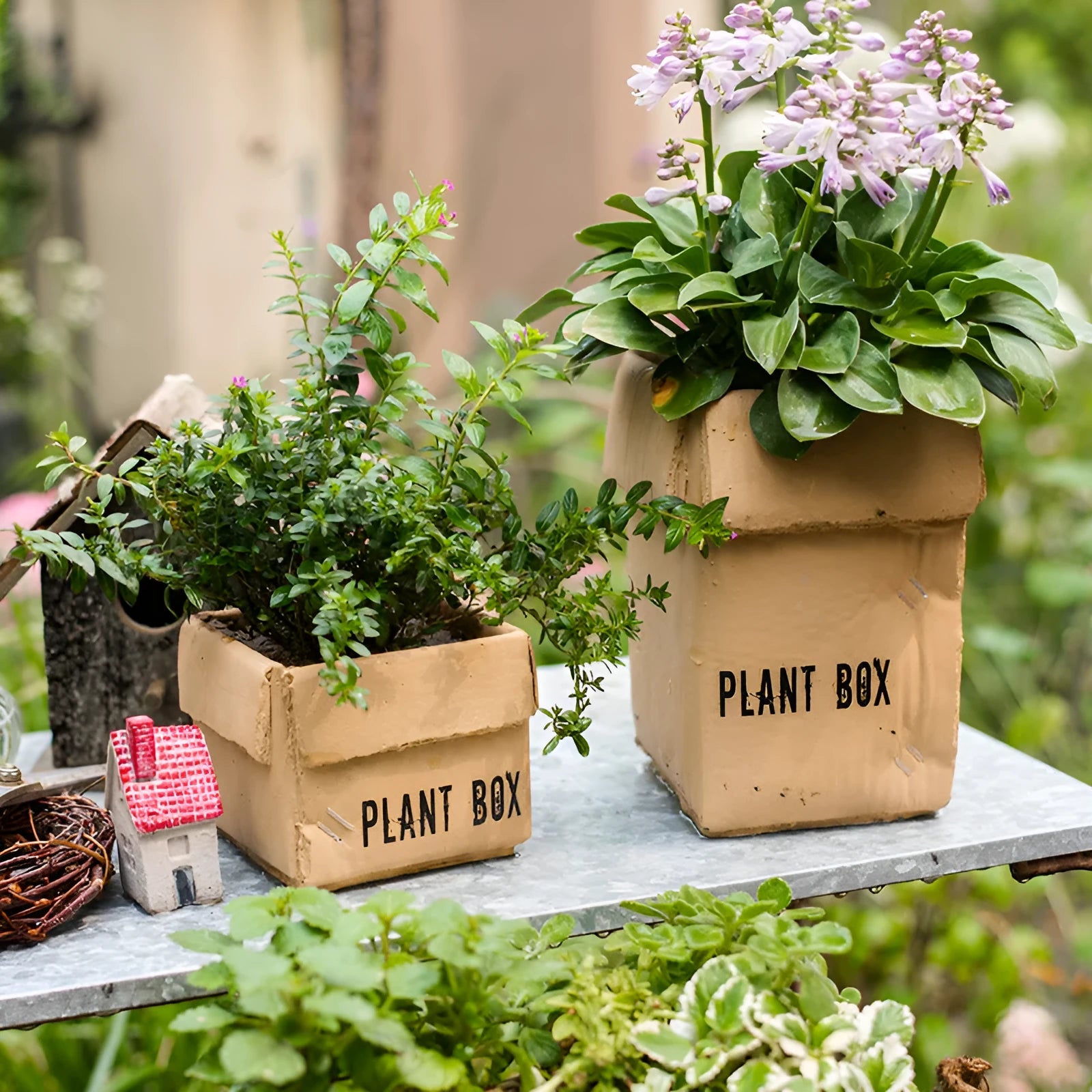 Cement brown paper box style flowerpot with a drainage hole, shown in a Nordic interior setting.