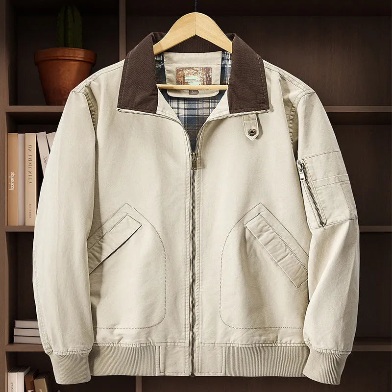 Men's plus size washed cotton baseball flight jacket shown in army green colour.