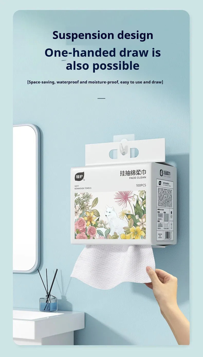 Disposable face cloth towel roll with hanging design showing removable sheets