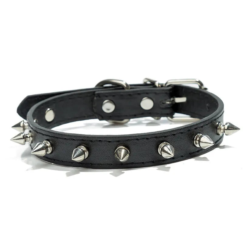Colourful studded dog collar with metal spikes on thickened PU leather, showing alloy metal fastener and six colour options