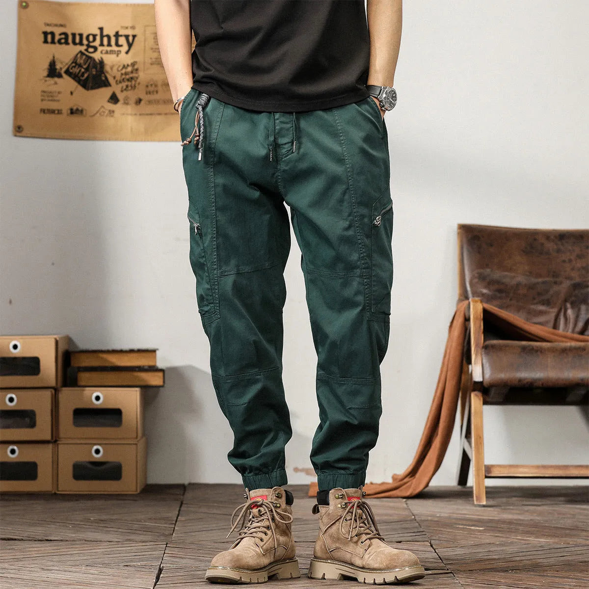 Men's Korean style tapered harem pants in cotton with small leg opening and mid-waist design