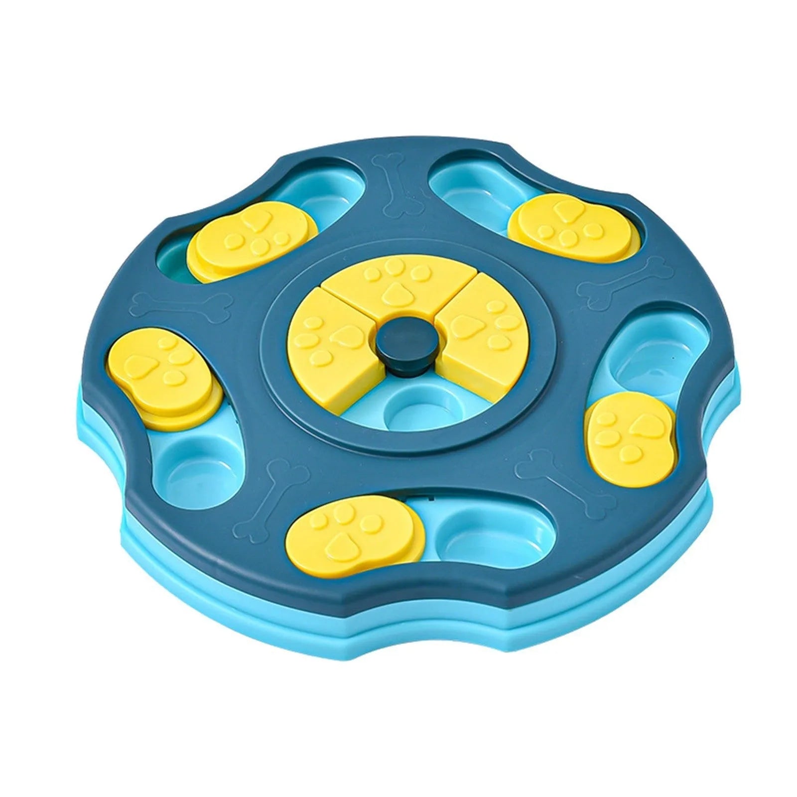 Blue interactive dog puzzle food feeder toy for aggressive chewers with food compartments
