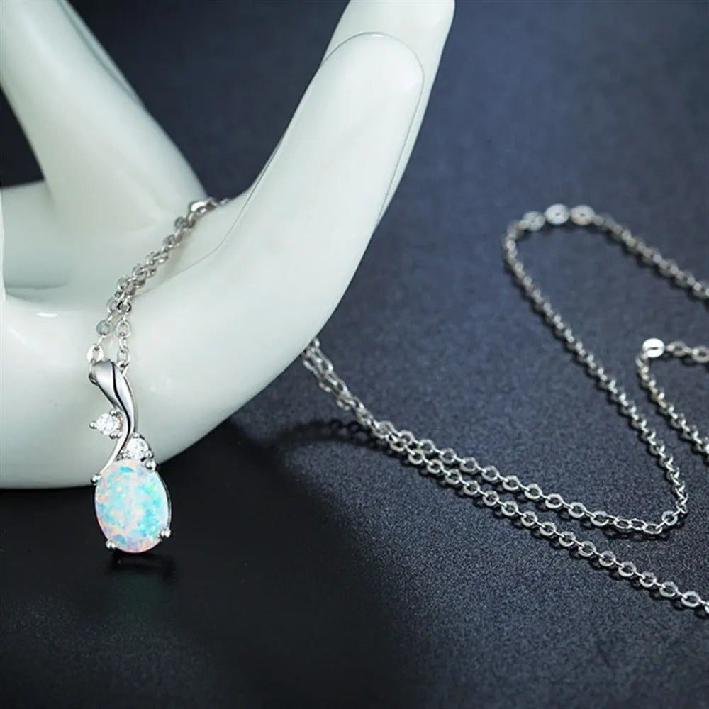 Water drop shaped opal pendant necklace on adjustable O-shaped alloy chain in rose gold or white finish