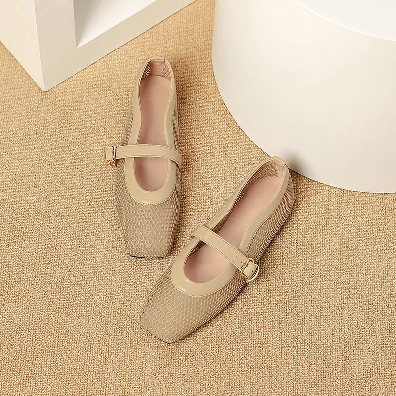 Women's beige mesh low heel pump with a buckle strap and square toe on a neutral background.