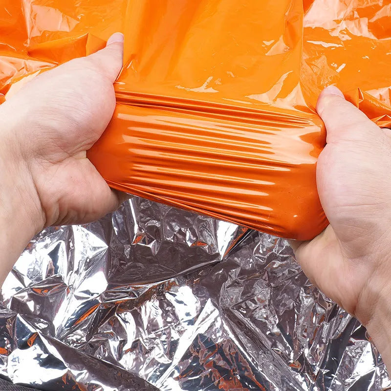 Orange emergency insulation blanket sleeping bag tent set with measurements 130x210cm 90x200cm 150x240cm for outdoor first aid