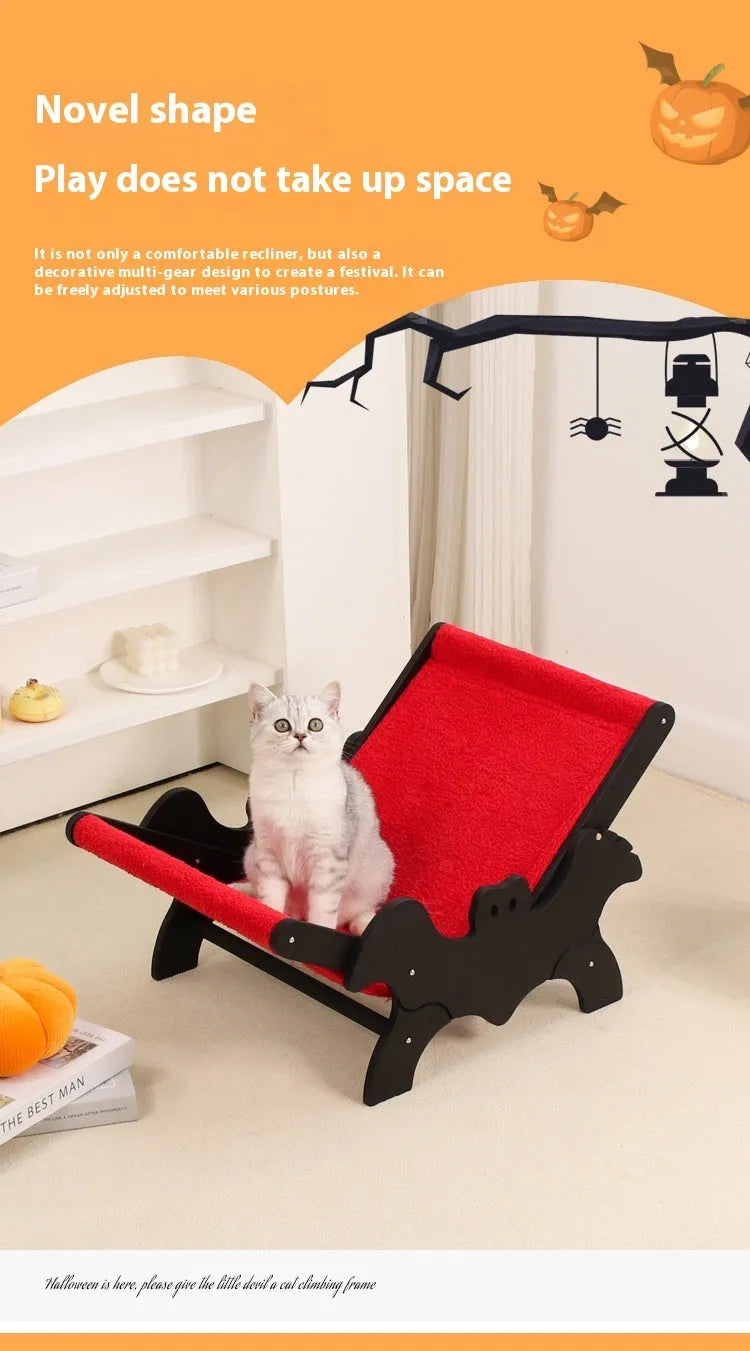 Black and red Halloween themed wooden cat recliner bed with cage enclosure.