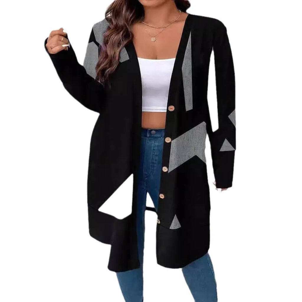 Black plus size loose casual knitwear cardigan with button stitching and regular sleeves