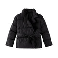 Waist-controlled lace-up lapel long sleeve polyester jacket in black with drawstring waist, front view.
