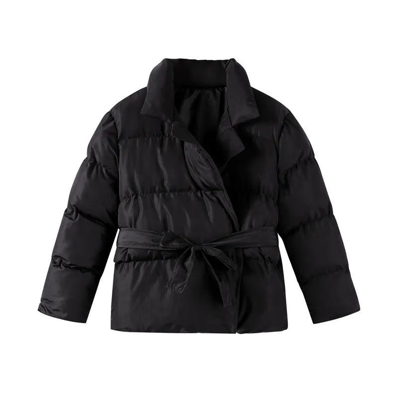 Waist-controlled lace-up lapel long sleeve polyester jacket in black with drawstring waist, front view.